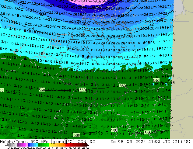 Yükseklik/Sıc. 500 hPa ICON-D2 Cts 08.06.2024 21 UTC