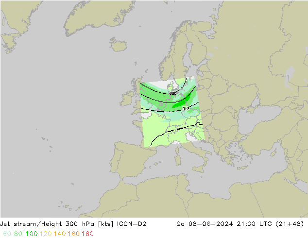 Jet stream/Height 300 hPa ICON-D2 Sa 08.06.2024 21 UTC