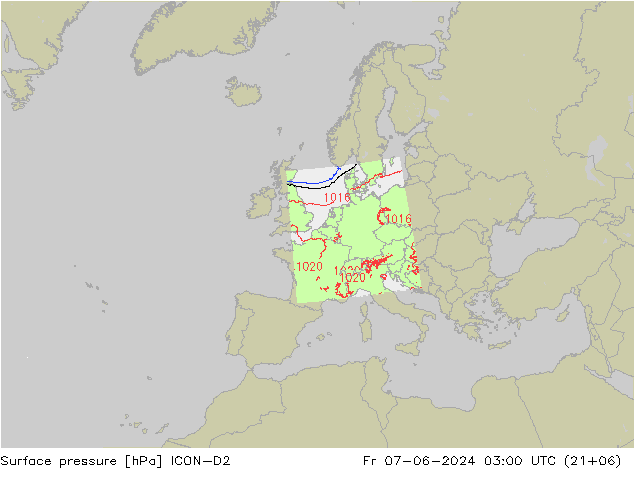 Pressione al suolo ICON-D2 ven 07.06.2024 03 UTC