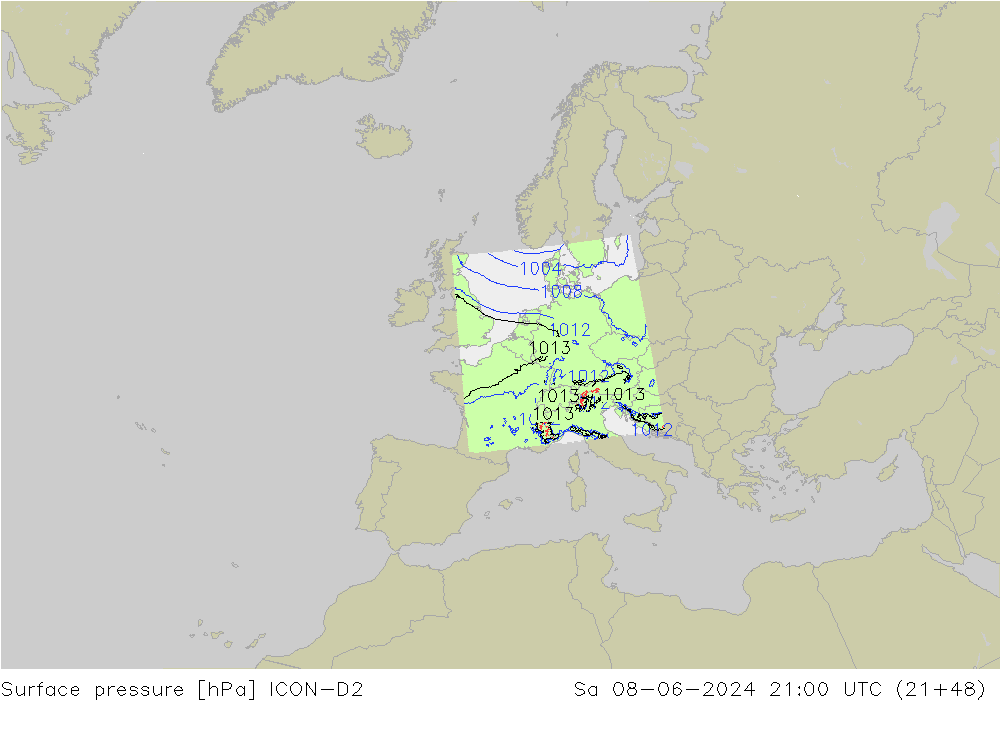 Surface pressure ICON-D2 Sa 08.06.2024 21 UTC