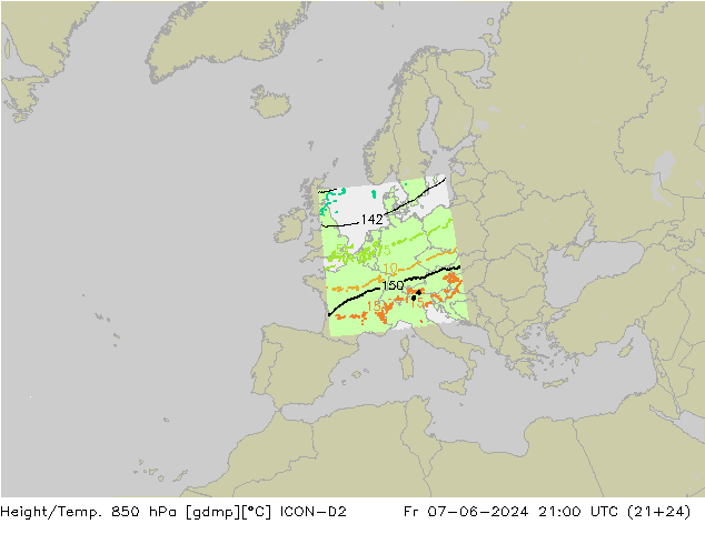 Height/Temp. 850 hPa ICON-D2 Fr 07.06.2024 21 UTC