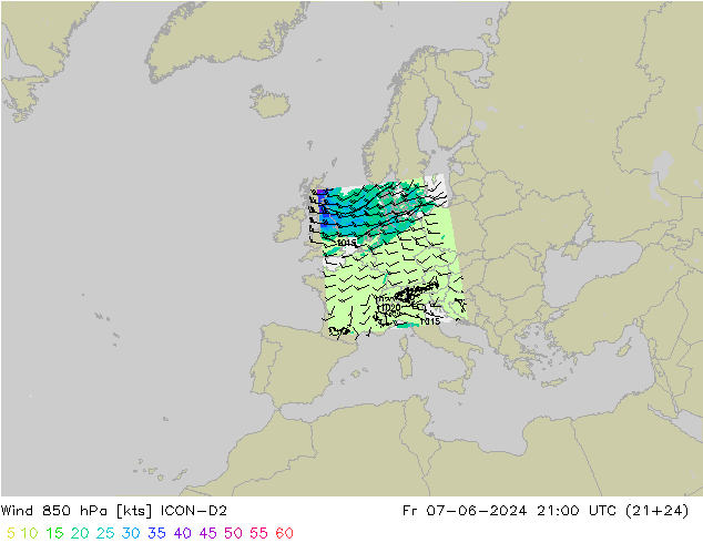 Wind 850 hPa ICON-D2 Fr 07.06.2024 21 UTC