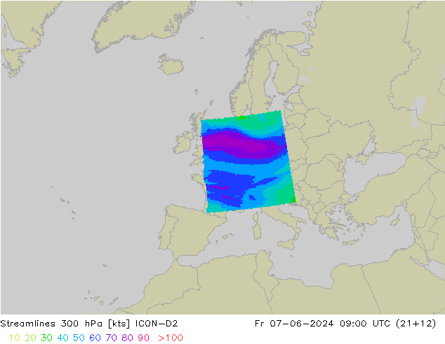 Linia prądu 300 hPa ICON-D2 pt. 07.06.2024 09 UTC