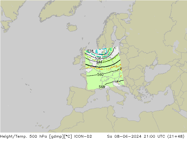 Height/Temp. 500 hPa ICON-D2 Sa 08.06.2024 21 UTC