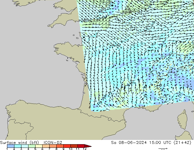 Wind 10 m (bft) ICON-D2 za 08.06.2024 15 UTC