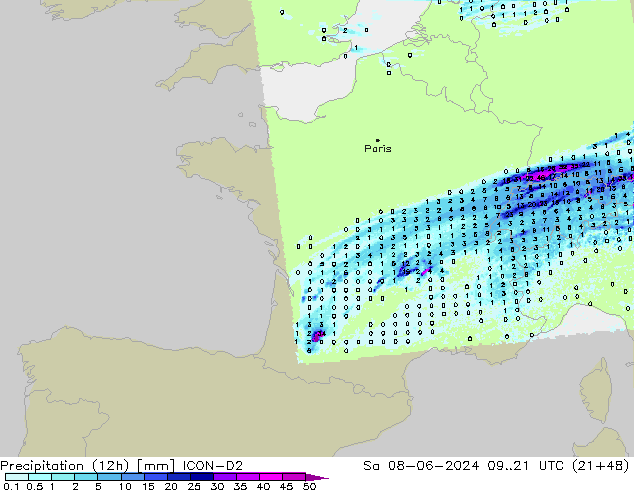 Yağış (12h) ICON-D2 Cts 08.06.2024 21 UTC