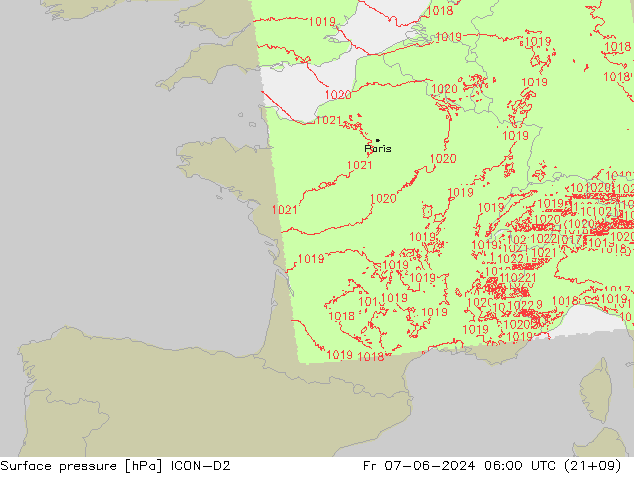 Surface pressure ICON-D2 Fr 07.06.2024 06 UTC