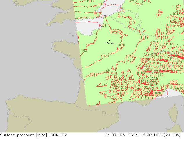 Pressione al suolo ICON-D2 ven 07.06.2024 12 UTC