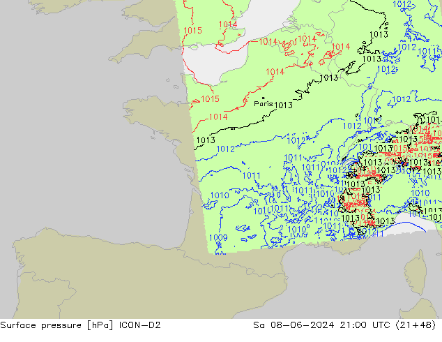 Atmosférický tlak ICON-D2 So 08.06.2024 21 UTC