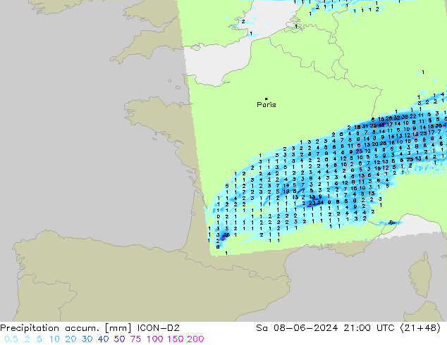 Precipitation accum. ICON-D2 Sáb 08.06.2024 21 UTC