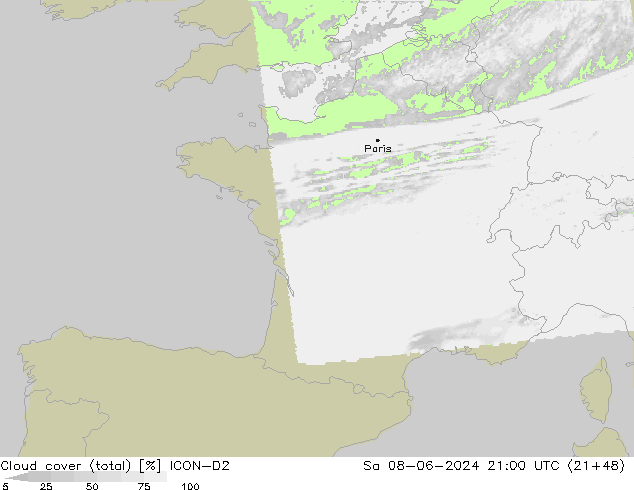 Bewolking (Totaal) ICON-D2 za 08.06.2024 21 UTC