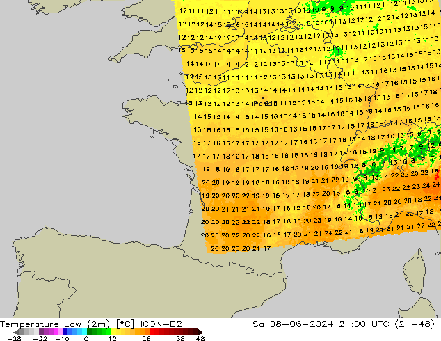 Temperatura mín. (2m) ICON-D2 sáb 08.06.2024 21 UTC