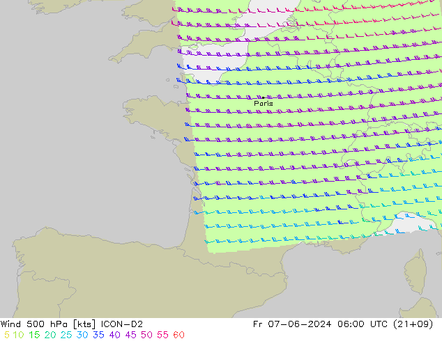 Rüzgar 500 hPa ICON-D2 Cu 07.06.2024 06 UTC