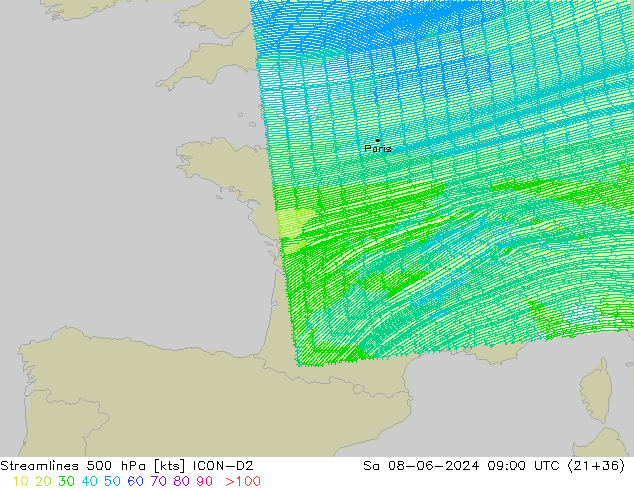 Streamlines 500 hPa ICON-D2 Sa 08.06.2024 09 UTC