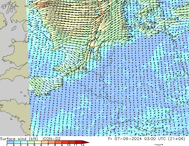 Surface wind (bft) ICON-D2 Fr 07.06.2024 03 UTC