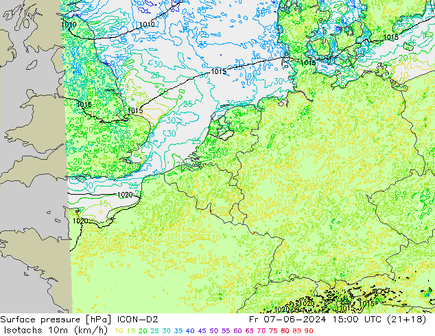 Isotachs (kph) ICON-D2 Fr 07.06.2024 15 UTC