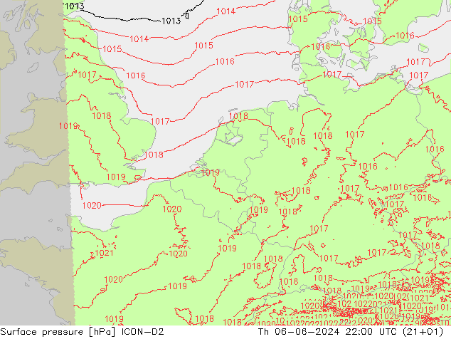 pressão do solo ICON-D2 Qui 06.06.2024 22 UTC