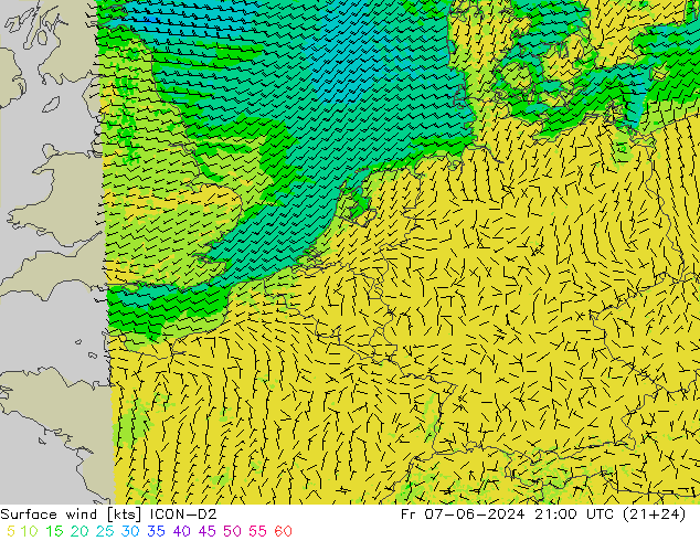Vento 10 m ICON-D2 ven 07.06.2024 21 UTC