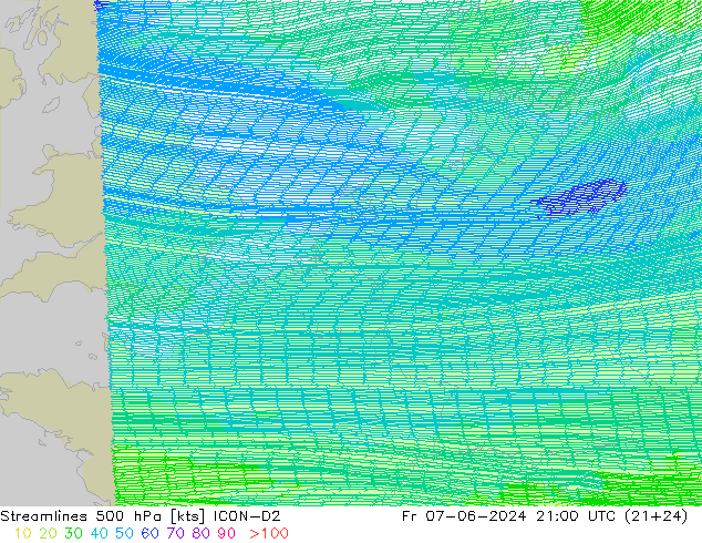 Streamlines 500 hPa ICON-D2 Fr 07.06.2024 21 UTC