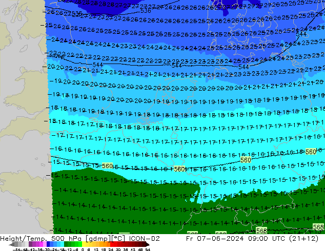 Géop./Temp. 500 hPa ICON-D2 ven 07.06.2024 09 UTC