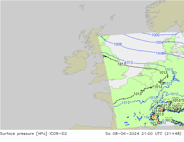 Pressione al suolo ICON-D2 sab 08.06.2024 21 UTC