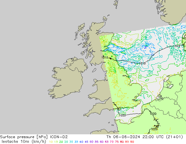 Isotaca (kph) ICON-D2 jue 06.06.2024 22 UTC