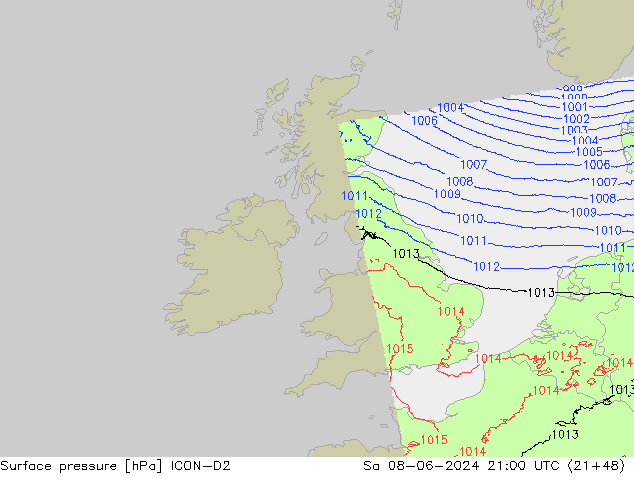 Surface pressure ICON-D2 Sa 08.06.2024 21 UTC