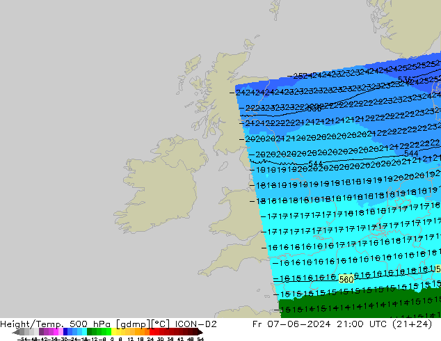 Height/Temp. 500 hPa ICON-D2 Fr 07.06.2024 21 UTC