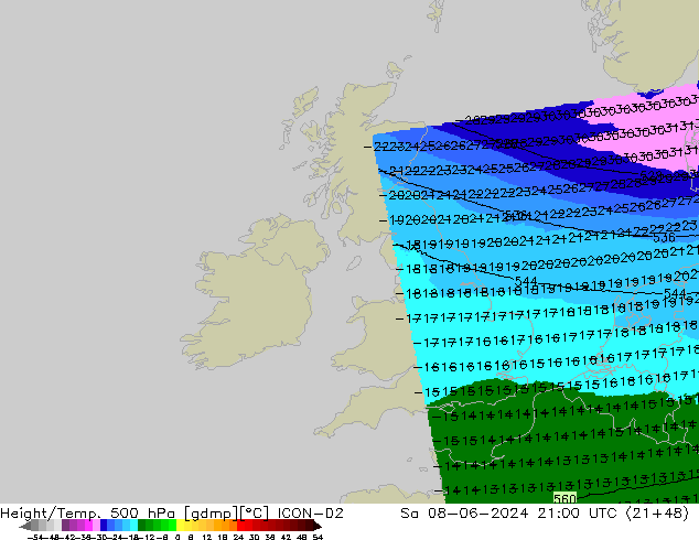 Height/Temp. 500 hPa ICON-D2 so. 08.06.2024 21 UTC