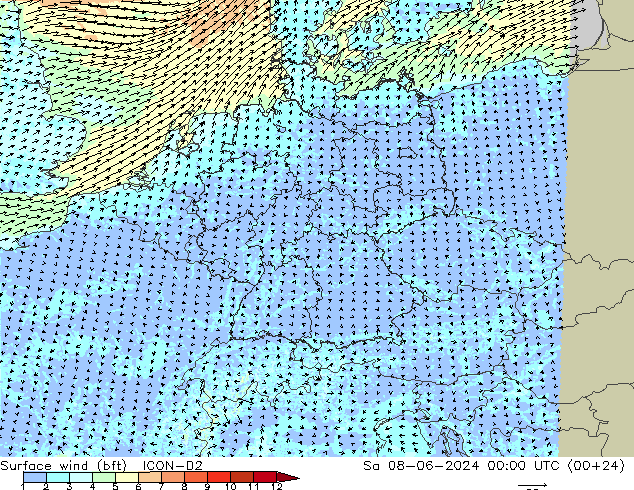 Vento 10 m (bft) ICON-D2 sab 08.06.2024 00 UTC