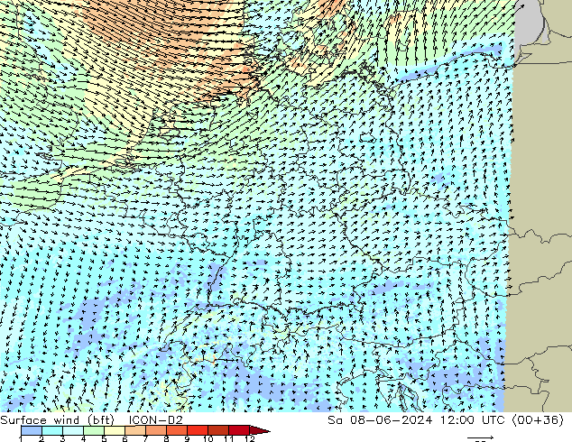 Rüzgar 10 m (bft) ICON-D2 Cts 08.06.2024 12 UTC