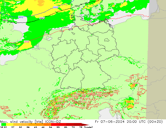 Max. wind velocity ICON-D2 Sex 07.06.2024 20 UTC