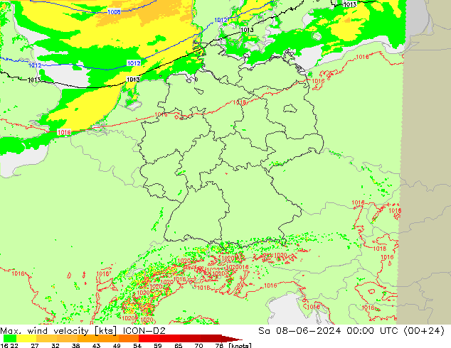 Max. wind velocity ICON-D2 Sa 08.06.2024 00 UTC