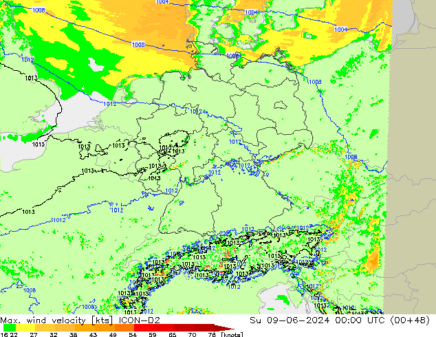 Max. wind velocity ICON-D2  09.06.2024 00 UTC