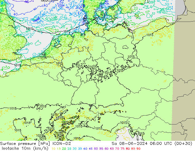 Isotachs (kph) ICON-D2 Sa 08.06.2024 06 UTC