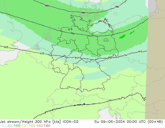 Jet stream/Height 300 hPa ICON-D2 Su 09.06.2024 00 UTC