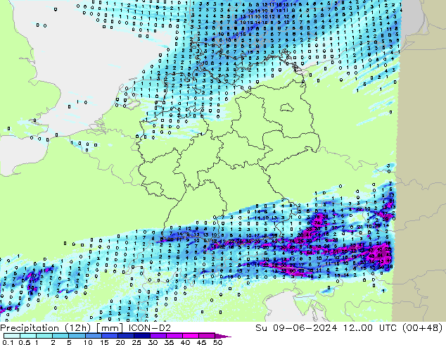 Precipitation (12h) ICON-D2 Su 09.06.2024 00 UTC