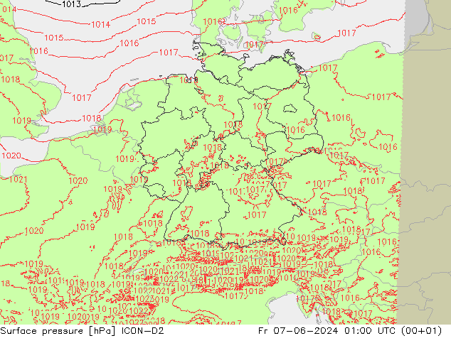 pression de l'air ICON-D2 ven 07.06.2024 01 UTC