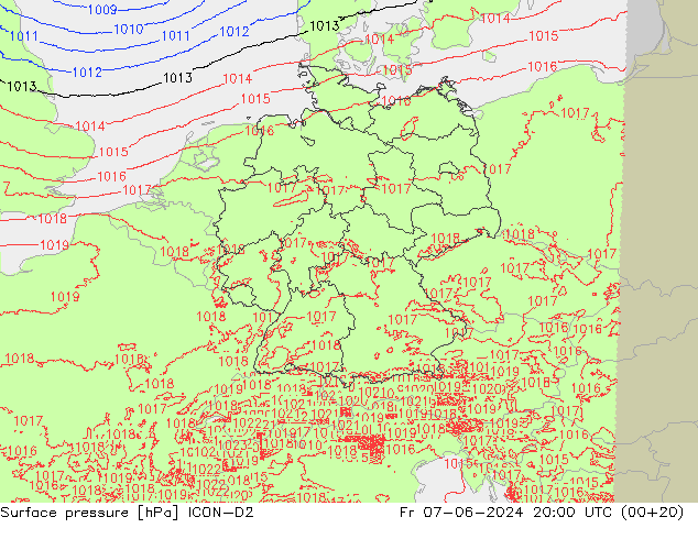 Surface pressure ICON-D2 Fr 07.06.2024 20 UTC