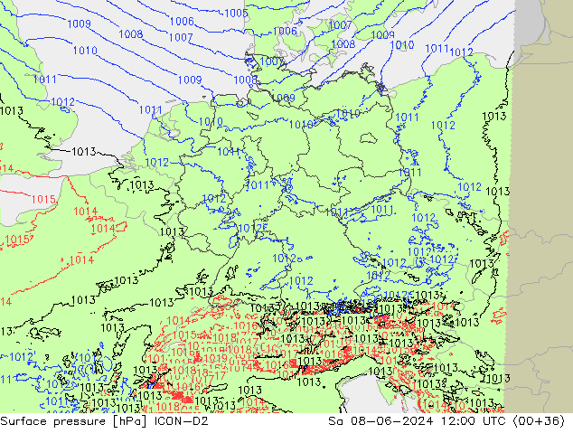 Pressione al suolo ICON-D2 sab 08.06.2024 12 UTC