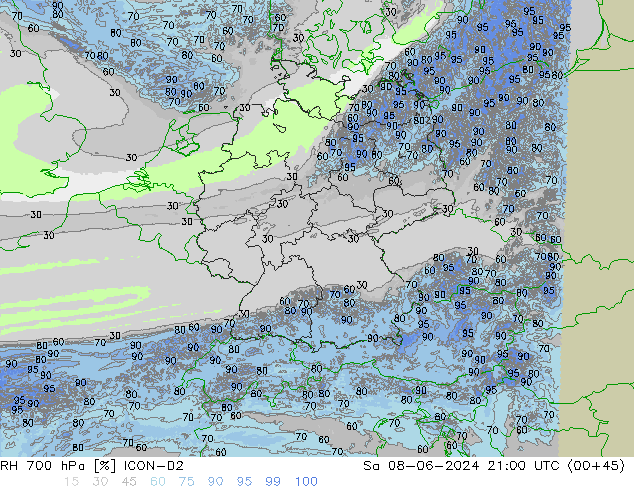 RV 700 hPa ICON-D2 za 08.06.2024 21 UTC