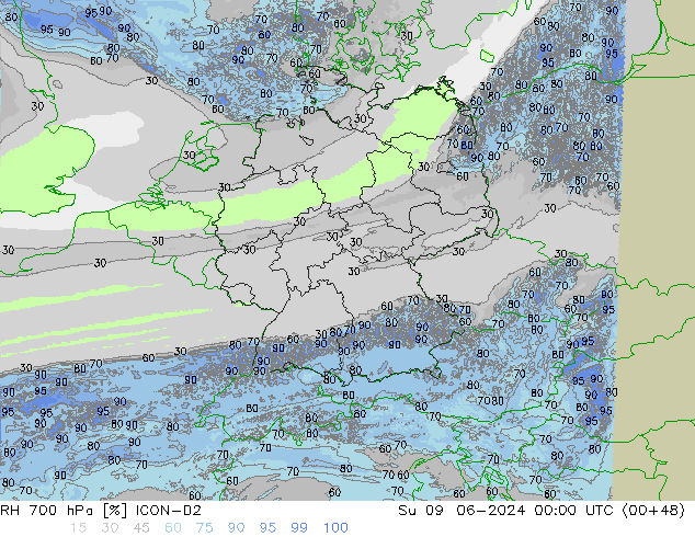 RH 700 hPa ICON-D2 Dom 09.06.2024 00 UTC