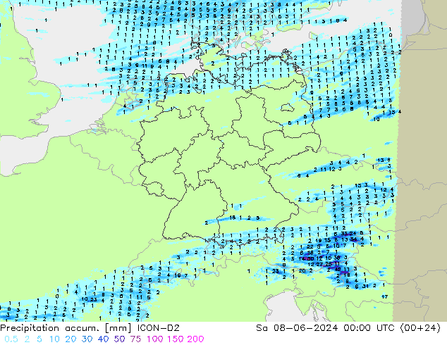 Precipitation accum. ICON-D2 Sa 08.06.2024 00 UTC