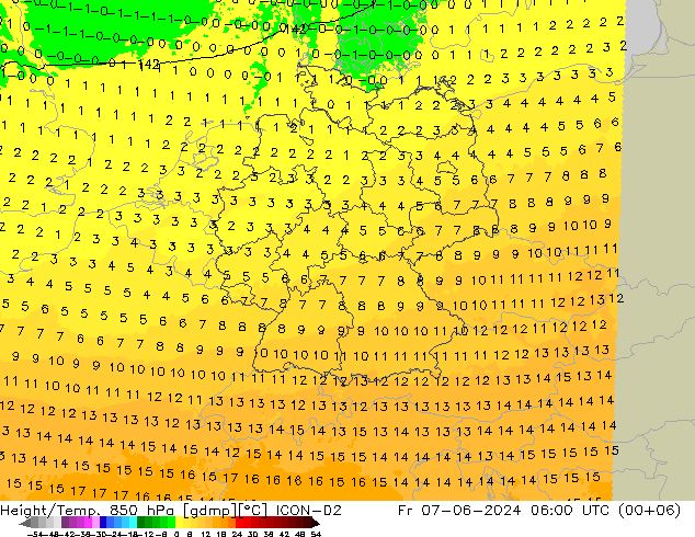 Hoogte/Temp. 850 hPa ICON-D2 vr 07.06.2024 06 UTC