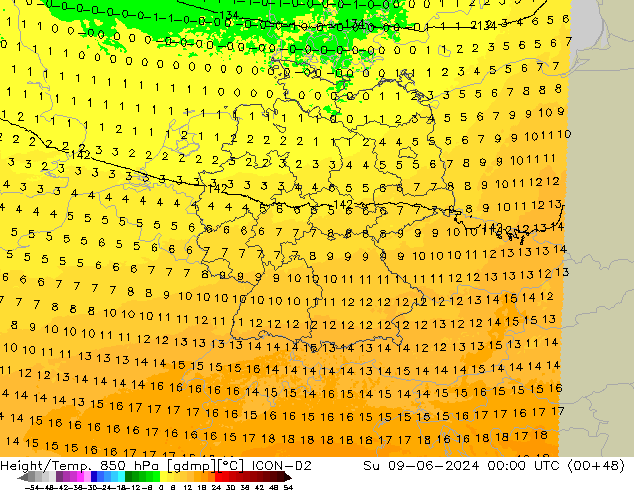 Height/Temp. 850 hPa ICON-D2  09.06.2024 00 UTC