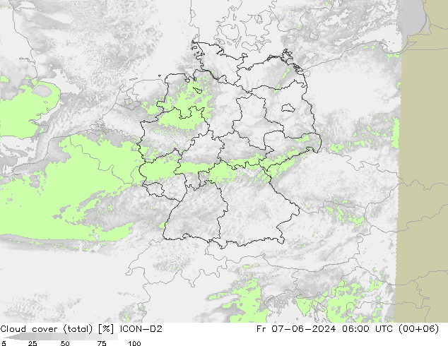 Cloud cover (total) ICON-D2 Pá 07.06.2024 06 UTC