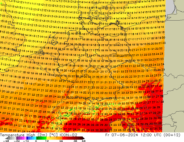 Höchstwerte (2m) ICON-D2 Fr 07.06.2024 12 UTC