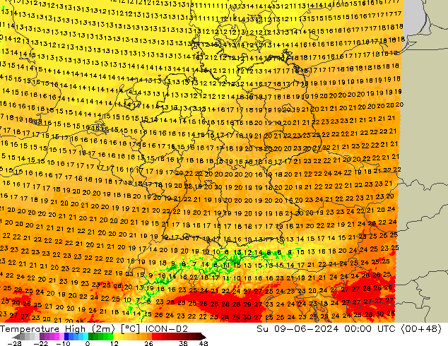 Temperature High (2m) ICON-D2 Su 09.06.2024 00 UTC