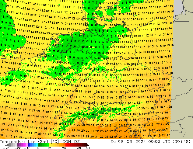 temperatura mín. (2m) ICON-D2 Dom 09.06.2024 00 UTC