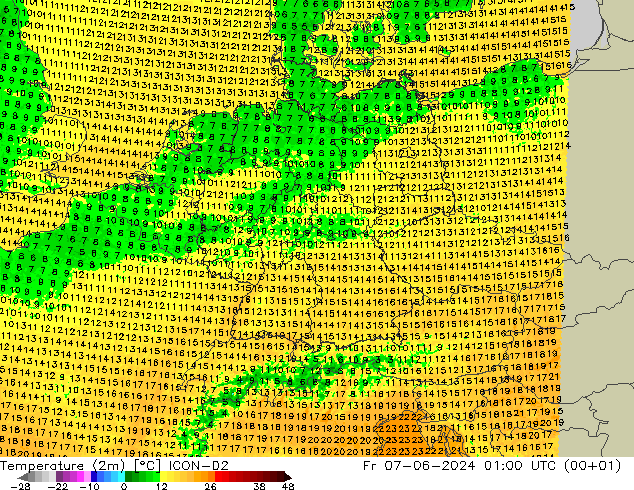 Sıcaklık Haritası (2m) ICON-D2 Cu 07.06.2024 01 UTC